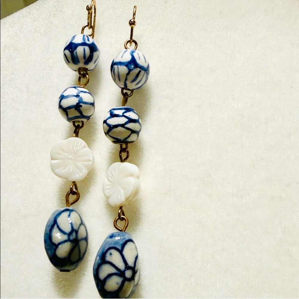 Blue and White Floral Dangle Earrings